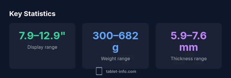 Infographic showing iPad display size ranges from 7.9 to 12.9 inches, weight range, and thickness range