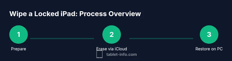 Infographic showing 3-step process to wipe a locked iPad (Prepare, Erase via iCloud, Restore on PC)